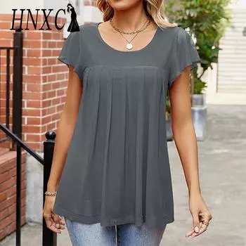 HNXC женские модные повседневные летние однотонные блузки и рубашки с короткими рукавами и круглым вырезом с принтом S бордовый