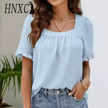 HNXC женские модные повседневные летние однотонные блузки и рубашки с короткими рукавами и квадратным воротником с принтом