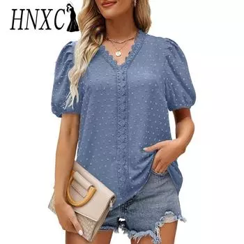 HNXC Женские модные повседневные летние однотонные блузки и рубашки с короткими рукавами и v-образным вырезом с принтом