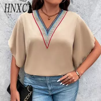 HNXC Женские модные повседневные летние однотонные блузки и рубашки с короткими рукавами и v-образным вырезом с принтом XL хаки