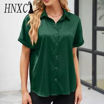 HNXC Женские модные повседневные летние однотонные блузки и рубашки с короткими рукавами и воротником-поло с принтом S чёрный