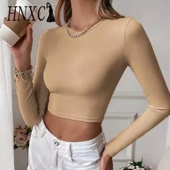 HNXC Женские модные повседневные летние однотонные блузки и рубашки с круглым вырезом и длинными рукавами с принтом S чёрный