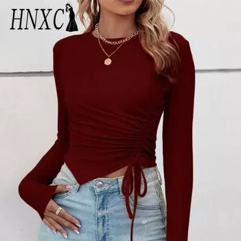 HNXC Женские модные повседневные летние однотонные блузки и рубашки с круглым вырезом и длинными рукавами с принтом S оранжевый