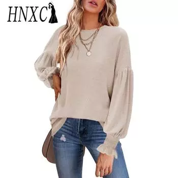 HNXC Женские модные повседневные летние однотонные блузки и рубашки с круглым вырезом и длинными рукавами с принтом S абрикосовый