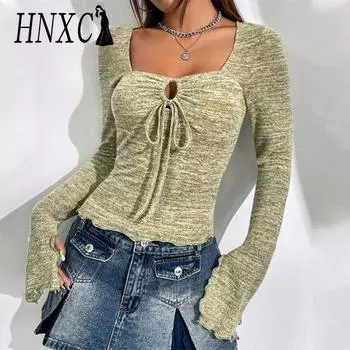HNXC женские модные повседневные летние однотонные блузки и рубашки с квадратным воротником и длинными рукавами с принтом S зелёный