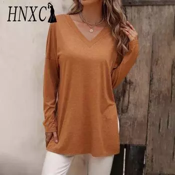 HNXC Женские модные повседневные летние однотонные блузки и рубашки с v-образным вырезом и длинными рукавами с принтом S зелёный