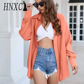 HNXC женские модные повседневные летние однотонные принты с длинными рукавами и воротником-поло блузки и рубашки кардиган S жёлтый