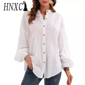 HNXC женские модные повседневные летние весенние однотонные блузки и рубашки с длинными рукавами и воротником-стойкой с принтом