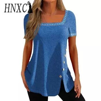 HNXC женские модные повседневные летние весенние однотонные блузки и рубашки с короткими рукавами и v-образным вырезом с принтом S синий