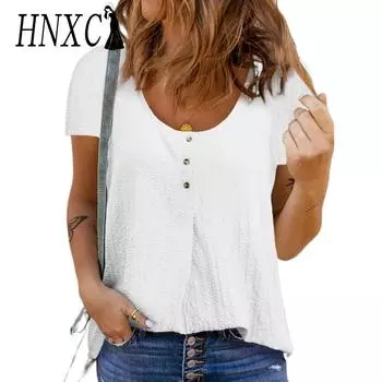 HNXC женские модные повседневные летние весенние однотонные блузки и рубашки с короткими рукавами и круглым вырезом с принтом S белый