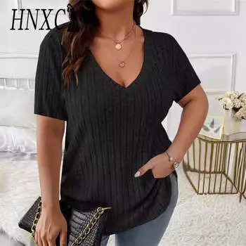 HNXC женские модные повседневные летние весенние однотонные блузки и рубашки с короткими рукавами и v-образным вырезом с принтом XL чёрный