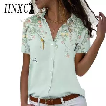 HNXC Женские модные повседневные летние весенние рубашки-поло с коротким рукавом с цветочным принтом, блузки и рубашки S зелёный