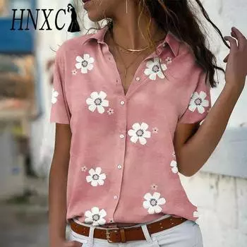HNXC Женские модные повседневные летние весенние рубашки-поло с коротким рукавом с цветочным принтом, блузки и рубашки S розовый