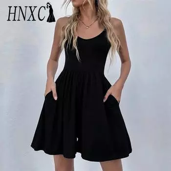 HNXC женские модные повседневные однотонные брюки с принтом на лето и весну, брюки без рукавов на подтяжках, комбинезоны и комбинезоны S чёрный