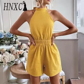 HNXC женские модные повседневные однотонные брюки с принтом на лето и весну, брюки без рукавов на подтяжках, комбинезоны и комбинезоны XS жёлтый