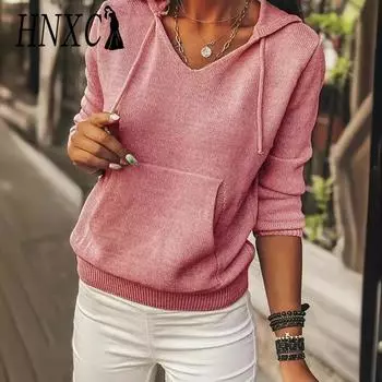 HNXC Женские модные повседневные однотонные худи и свитшоты с капюшоном и длинными рукавами с принтом S розовый