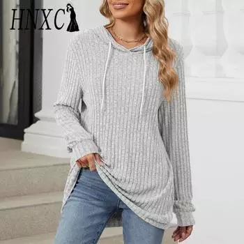 HNXC Женские модные повседневные однотонные худи и свитшоты с капюшоном и длинными рукавами с принтом S синий