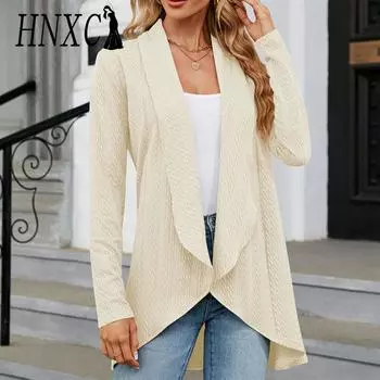 HNXC Женские модные повседневные однотонные кардиганы с длинными рукавами и осенне-зимним принтом S чёрный