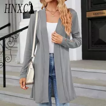 HNXC Женские модные повседневные однотонные кардиганы с длинными рукавами и осенне-зимним принтом S чёрный