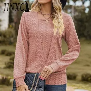 HNXC женские модные повседневные однотонные принты осень-зима с длинным рукавом и квадратным воротником свободные свитера