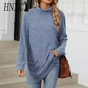 HNXC женские модные повседневные однотонные принты осень-зима с длинным рукавом свободные свитера с высоким воротом S розовый