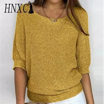 HNXC женские модные повседневные однотонные принты осень-зима с длинными рукавами и круглым вырезом свободные свитера S