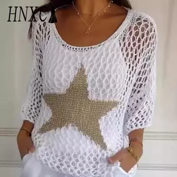 HNXC женские модные повседневные однотонные принты осень-зима с длинными рукавами и круглым вырезом свободные свитера S белый