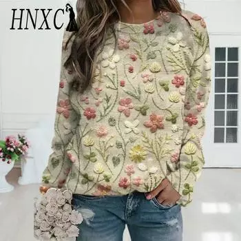 HNXC женские модные повседневные однотонные принты осень-зима с длинными рукавами и круглым вырезом свободные свитера S