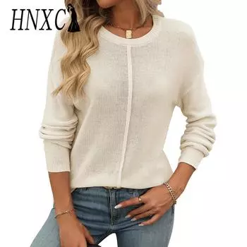 HNXC женские модные повседневные однотонные принты осень-зима с длинными рукавами и круглым вырезом свободные свитера S зелёный