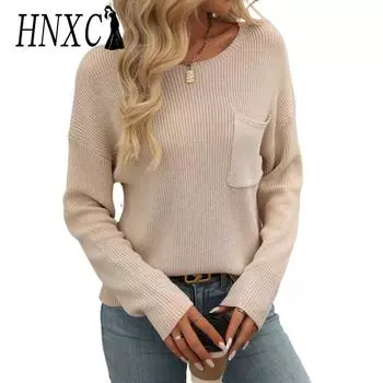 HNXC женские модные повседневные однотонные принты осень-зима с длинными рукавами и круглым вырезом свободные свитера S чёрный