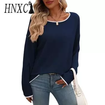 HNXC женские модные повседневные однотонные принты осень-зима с длинными рукавами и круглым вырезом свободные свитера S тёмно-синий