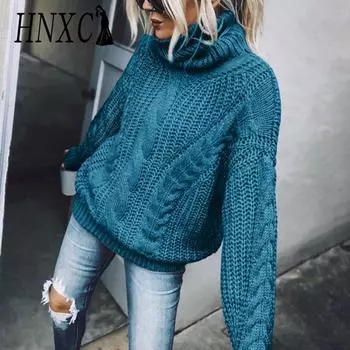 HNXC женские модные повседневные однотонные принты осень-зима с длинным рукавом свободные свитера с высоким воротом S серый