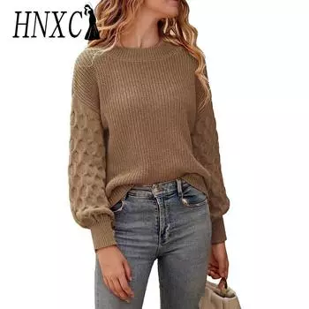 HNXC женские модные повседневные однотонные принты осень-зима с длинными рукавами и круглым вырезом свободные свитера S чёрный