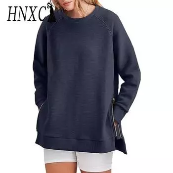 HNXC женские модные повседневные однотонные принты осень-зима с длинными рукавами и круглым вырезом свободные свитера