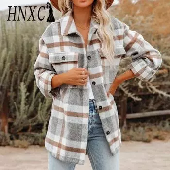 HNXC женские модные повседневные осенне-зимние клетчатые кардиганы с длинными рукавами и воротником-поло S хаки