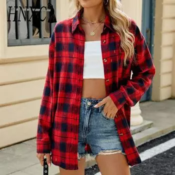 HNXC женские модные повседневные осенне-зимние клетчатые кардиганы с длинными рукавами и воротником-поло S красный
