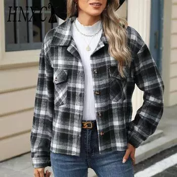 HNXC женские модные повседневные осенне-зимние клетчатые кардиганы с длинными рукавами и воротником-поло S оранжевый