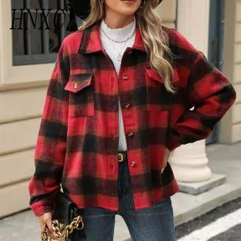 HNXC женские модные повседневные осенне-зимние клетчатые кардиганы с длинными рукавами и воротником-поло S красный