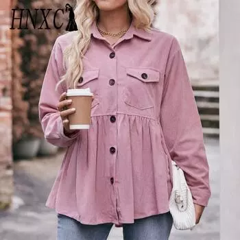 HNXC Женские модные повседневные осенне-зимние однотонные блузки и рубашки с длинным рукавом с воротником-поло и принтом S чёрный