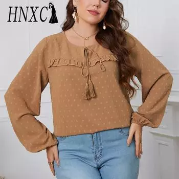 HNXC женские модные повседневные осенне-зимние однотонные блузки и рубашки с круглым вырезом и длинными рукавами с принтом, большой размер XL хаки