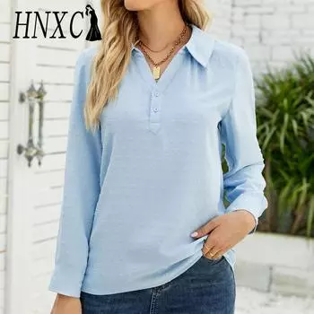 HNXC Женские модные повседневные осенне-зимние однотонные блузки и рубашки с длинным рукавом с воротником-поло и принтом S белый