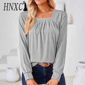 HNXC женские модные повседневные осенне-зимние однотонные блузки и рубашки с квадратным воротником и длинными рукавами с принтом S белый