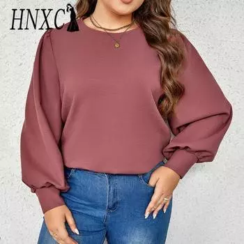 HNXC женские модные повседневные осенне-зимние однотонные блузки и рубашки с круглым вырезом и длинными рукавами с принтом XL розовый