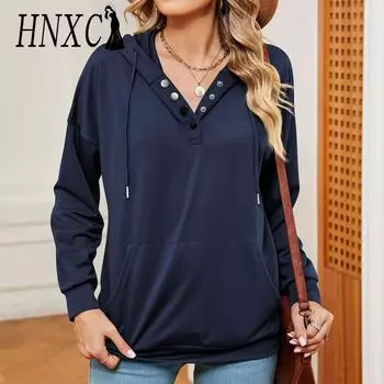 HNXC женские модные повседневные осенне-зимние однотонные толстовки с капюшоном и длинными рукавами с принтом S серый