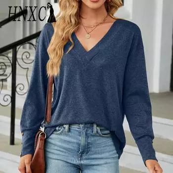 HNXC женские модные повседневные осенне-зимние однотонные блузки и рубашки с длинными рукавами и v-образным вырезом с принтом S чёрный