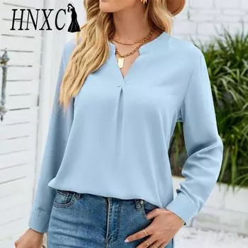 HNXC женские модные повседневные осенне-зимние однотонные блузки и рубашки с длинными рукавами и v-образным вырезом с принтом S чёрный