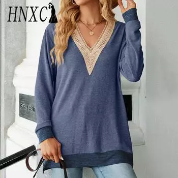 HNXC женские модные повседневные осенне-зимние однотонные блузки и рубашки с длинными рукавами и v-образным вырезом с принтом S чёрный