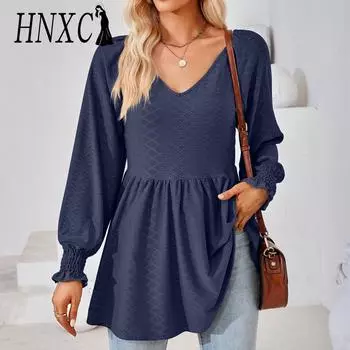 HNXC женские модные повседневные осенне-зимние однотонные блузки и рубашки с длинными рукавами и v-образным вырезом с принтом S тёмно-синий