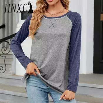 HNXC женские модные повседневные осенне-зимние однотонные блузки и рубашки с круглым вырезом и длинными рукавами с принтом S тёмно-синий