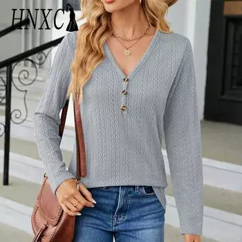 HNXC женские модные повседневные осенне-зимние однотонные блузки и рубашки с длинными рукавами и v-образным вырезом с принтом S чёрный